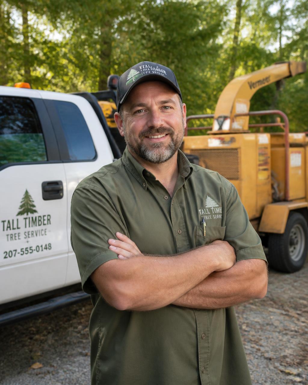 Company founder standing in front of a service truck and wood chipper